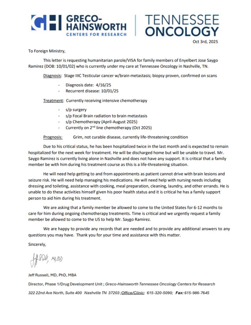 Reporte médico sobre el estado de salud de José Sayago
